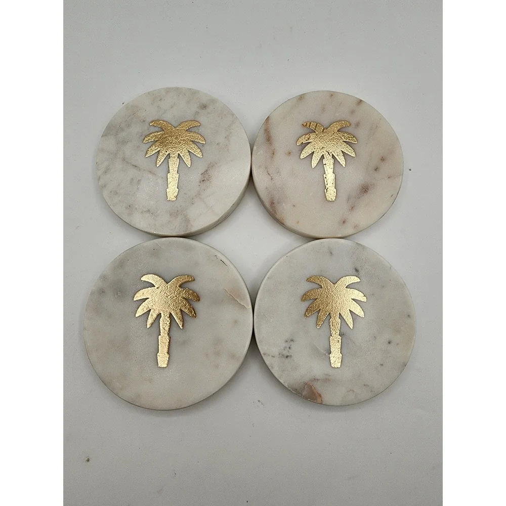 Marble Palm Tree Coasters Gold Foil Inlay Round Stone Drink Tableware Set of 4